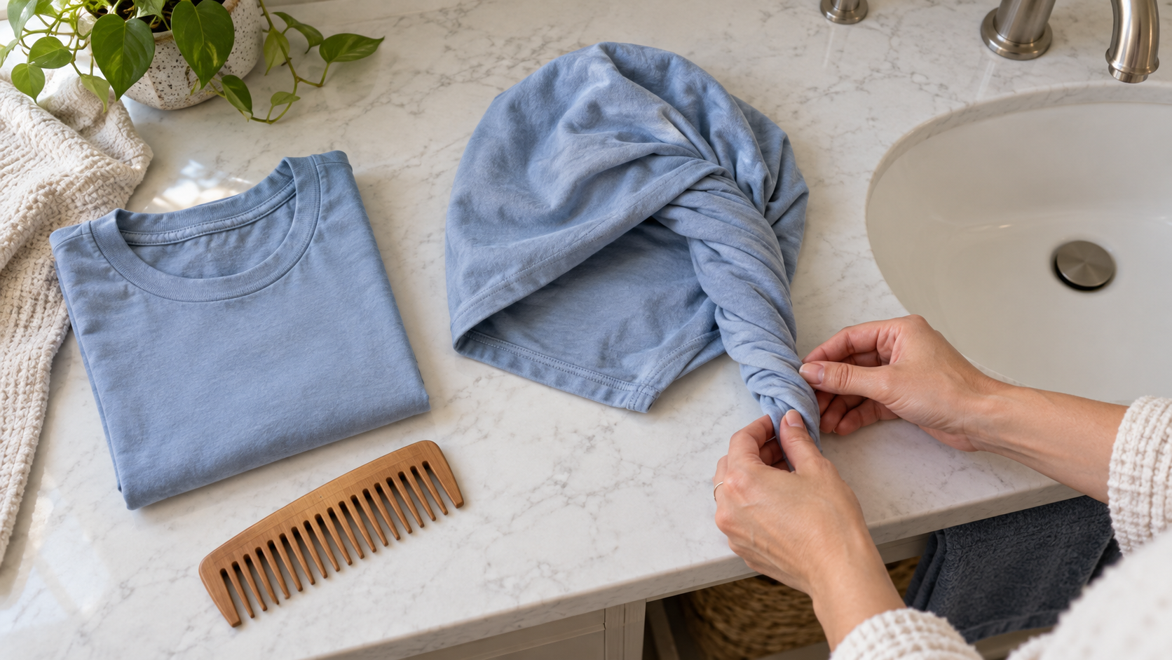 DIY cheveux : utiliser un tee-shirt doux pour absorber l’eau sans frotter